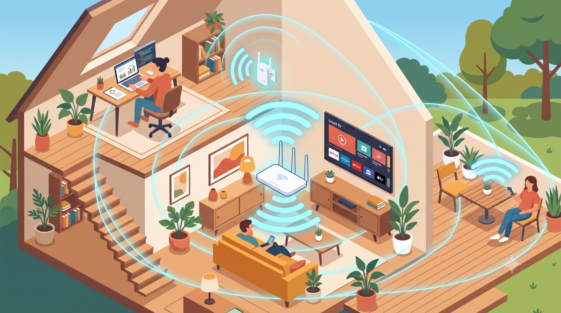 Illustration: Hausquerschnitt mit Mesh-WLAN – Signalwellen vom Router im Wohnzimmer erreichen Smart-TV, Terrasse und den Laptop im Dachgeschoss.