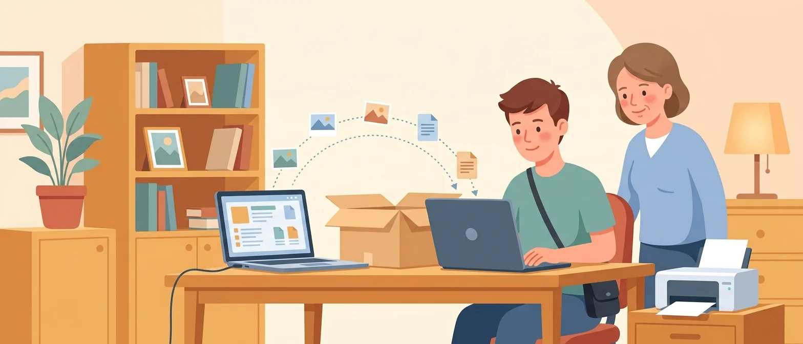 Illustration: Neuer Laptop neben dem Karton, Dateien wandern vom alten Gerät herüber, der Technikhelfer richtet ein.