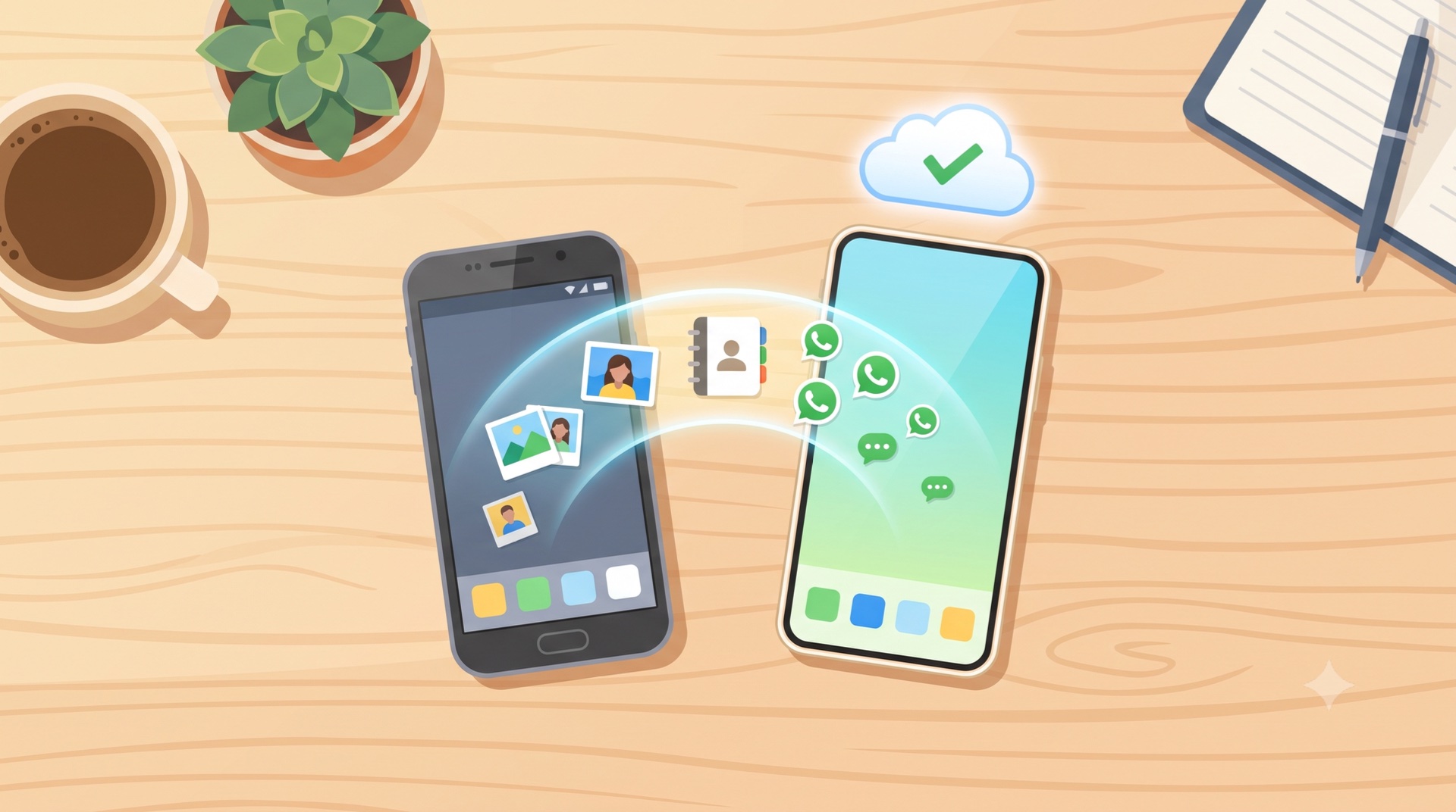 Illustration: Fotos, Kontakte und Chat-Blasen wandern vom alten zum neuen Smartphone, ein Cloud-Symbol mit grünem Häkchen bestätigt das Backup.