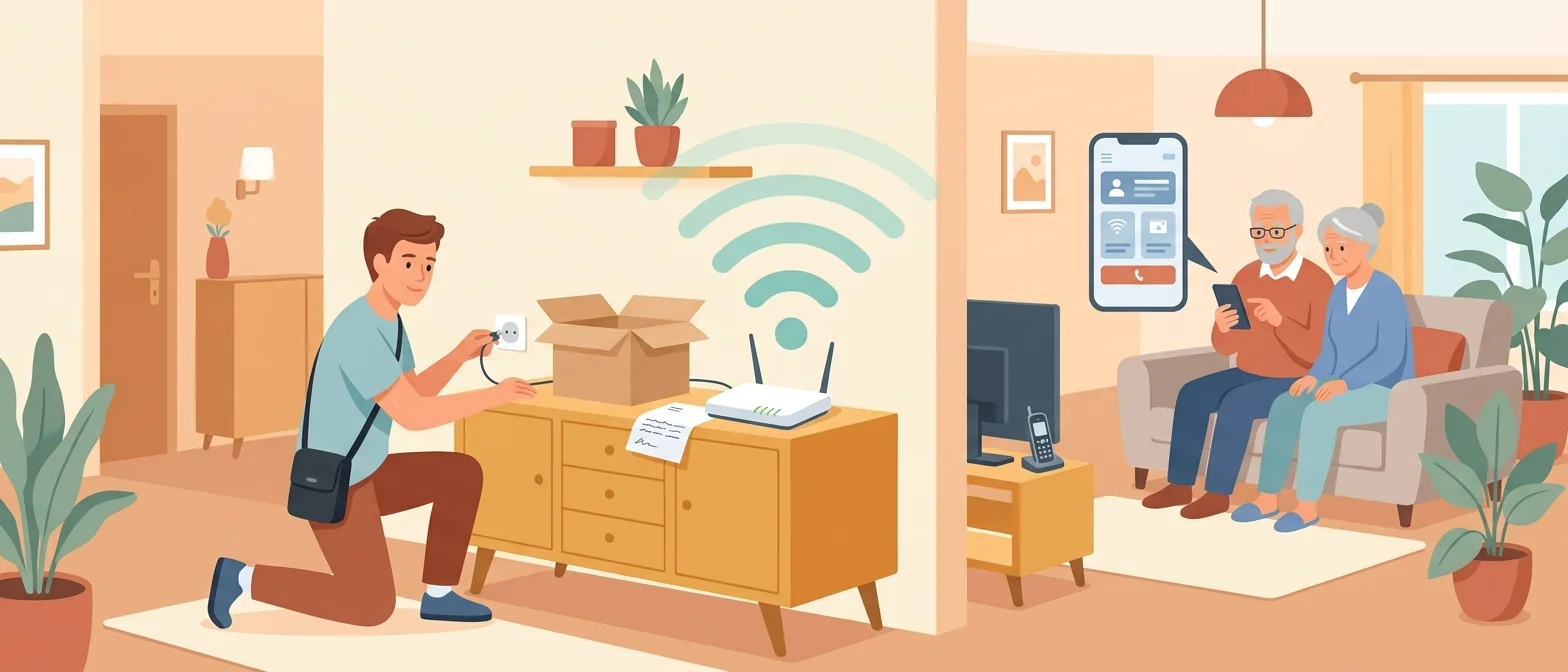 Illustration: Der Technikhelfer schließt im Flur einen neuen Router an, WLAN-Bögen reichen bis ins Wohnzimmer zum Paar.