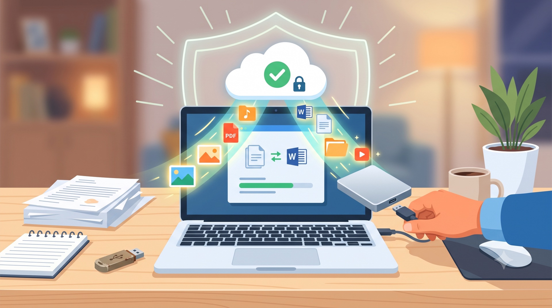 Illustration: Daten-Symbole werden vom Laptop unter einem Schutzschild in die Cloud und auf eine externe Festplatte gesichert, daneben ein alter USB-Stick.
