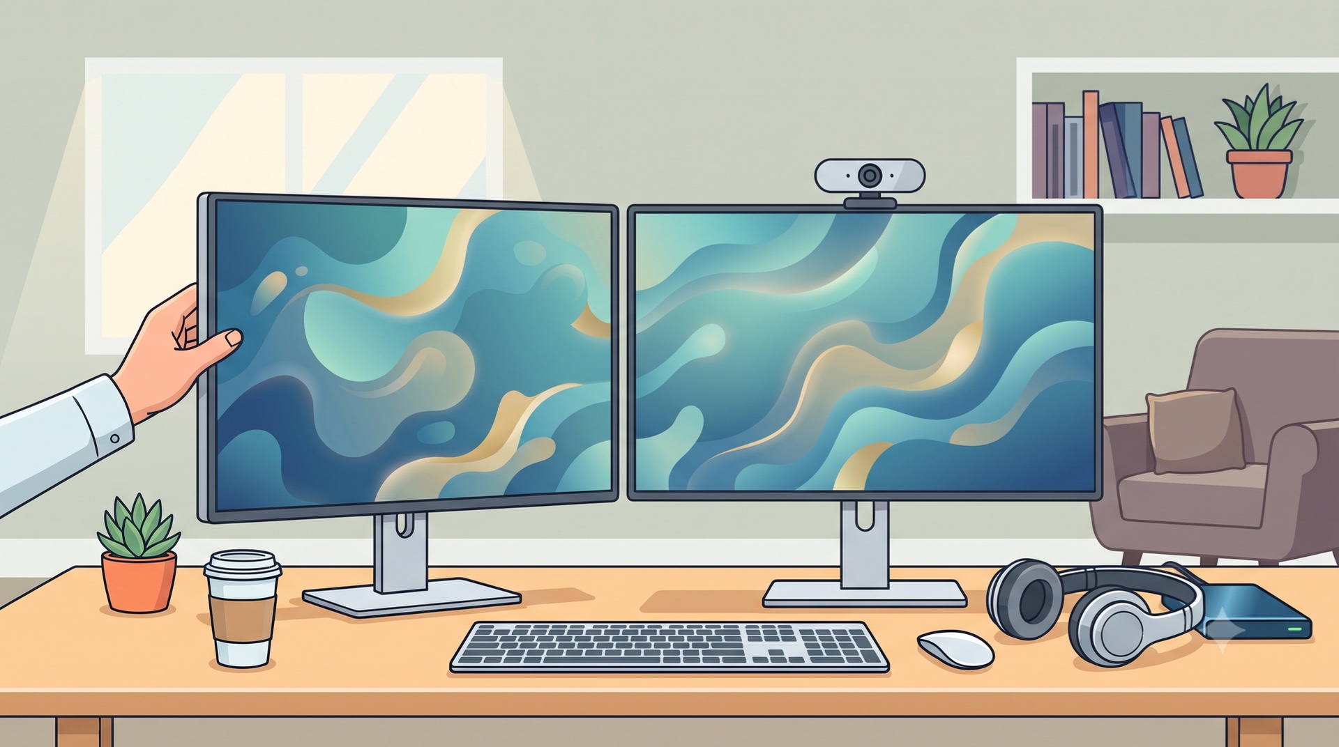 Illustration: Aufgeräumter Heimarbeitsplatz mit zwei Monitoren, Headset, Webcam und externer Festplatte, alles einsatzbereit angeschlossen.