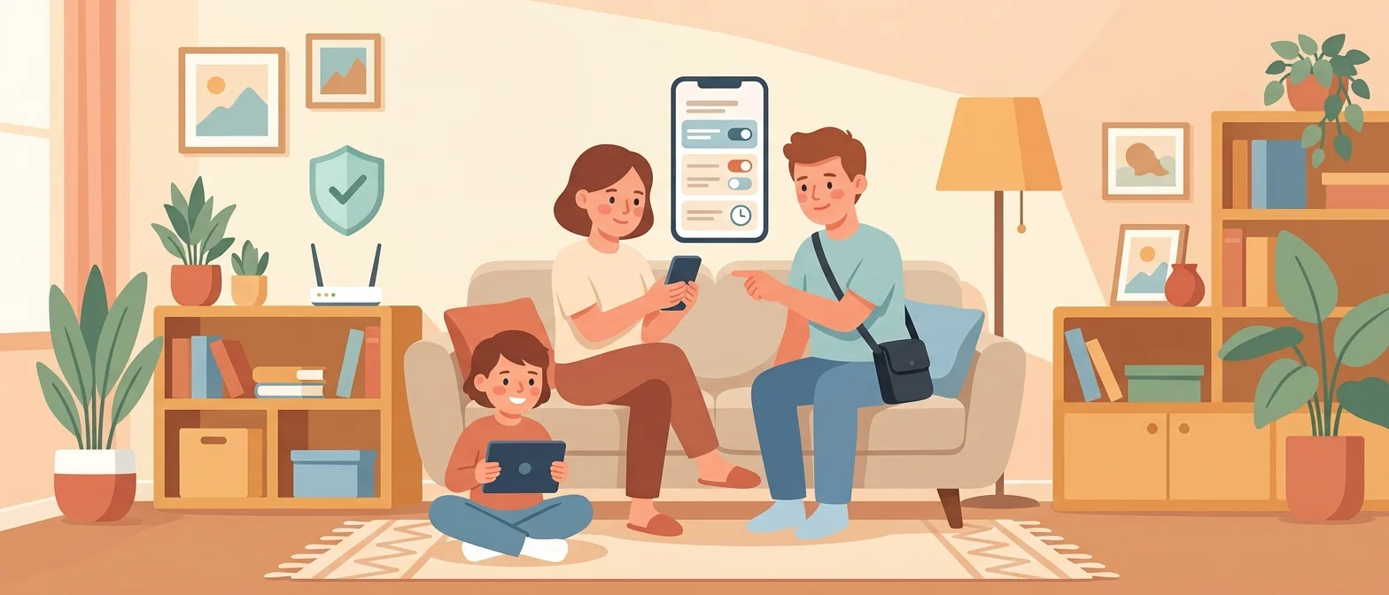 Illustration: Mutter stellt am Smartphone Bildschirmzeiten ein, das Kind spielt am Tablet, über dem Router   ein Schild mit Haken.