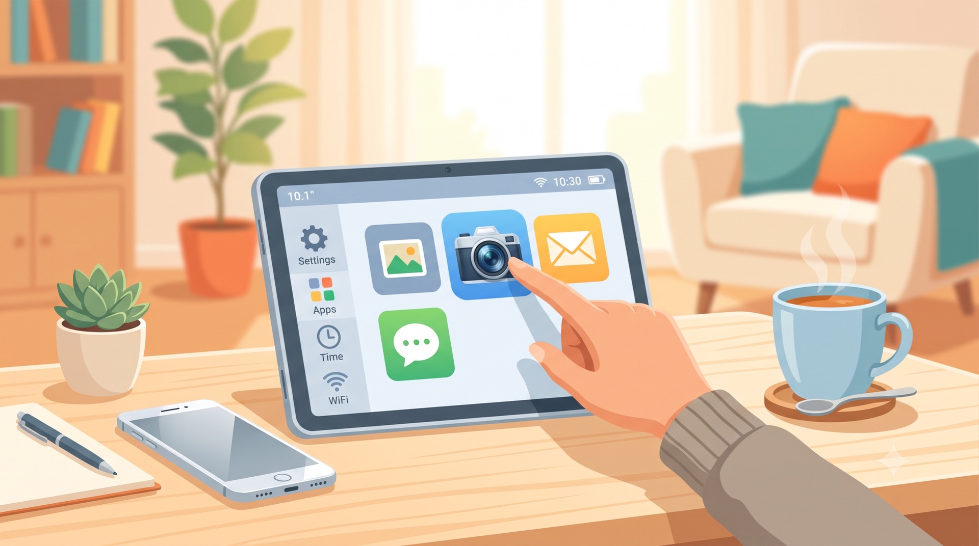 Illustration: Eine Hand tippt behutsam auf das Kamera-Symbol eines Tablets, daneben liegen ein Smartphone und eine dampfende Tasse Tee.