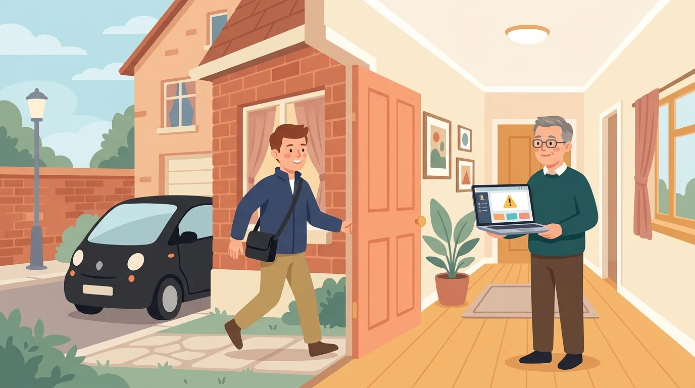 Illustration: Der Technikhelfer kommt an die Haustür, ein Mann wartet mit Laptop mit Warnsymbol, dahinter das kleine schwarze Auto.