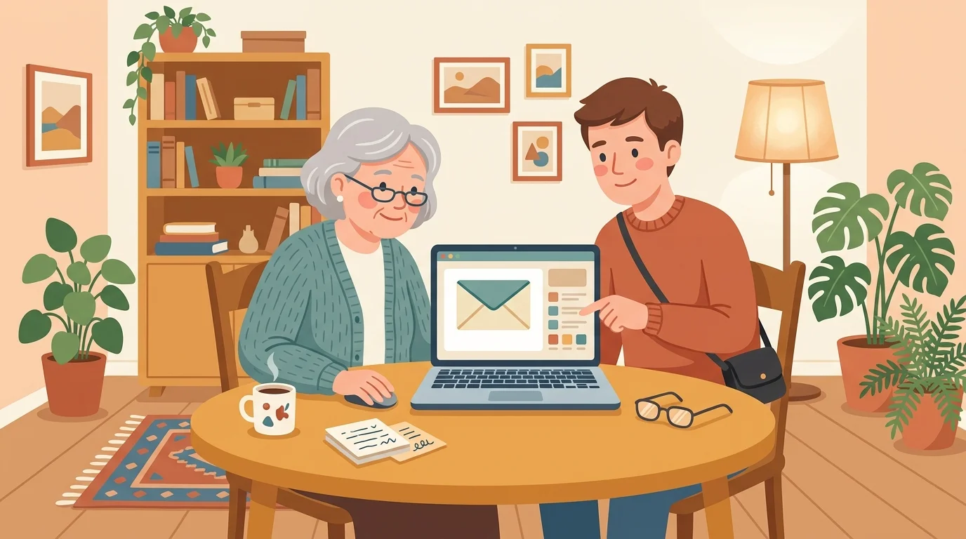 Illustration: Seniorin bedient am Wohnzimmertisch den Laptop, der Technikhelfer daneben zeigt auf den Bildschirm.