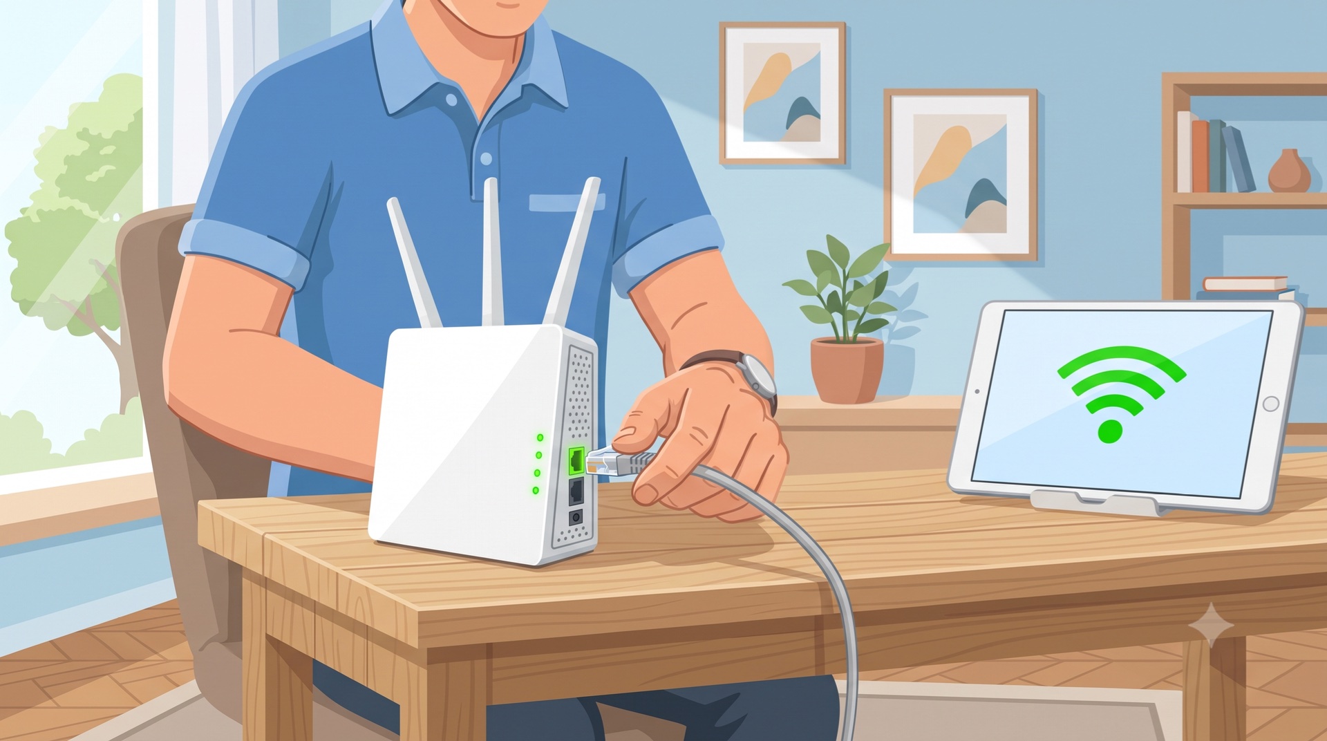 Eine Person schließt ein Netzwerkkabel an einen weißen WLAN-Router an, ein Tablet daneben zeigt die erfolgreiche Verbindung im wohnlichen Zimmer.