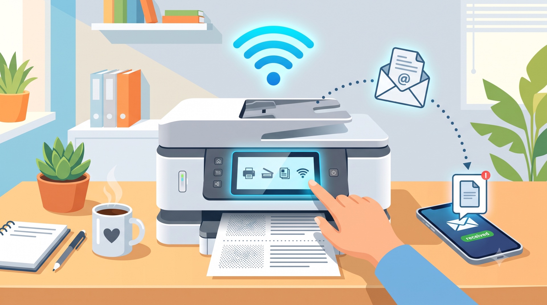 Illustration: Multifunktionsdrucker druckt ein Dokument, eine Hand bedient das Display; WLAN- und E-Mail-Symbole zeigen das Scannen ans Smartphone.