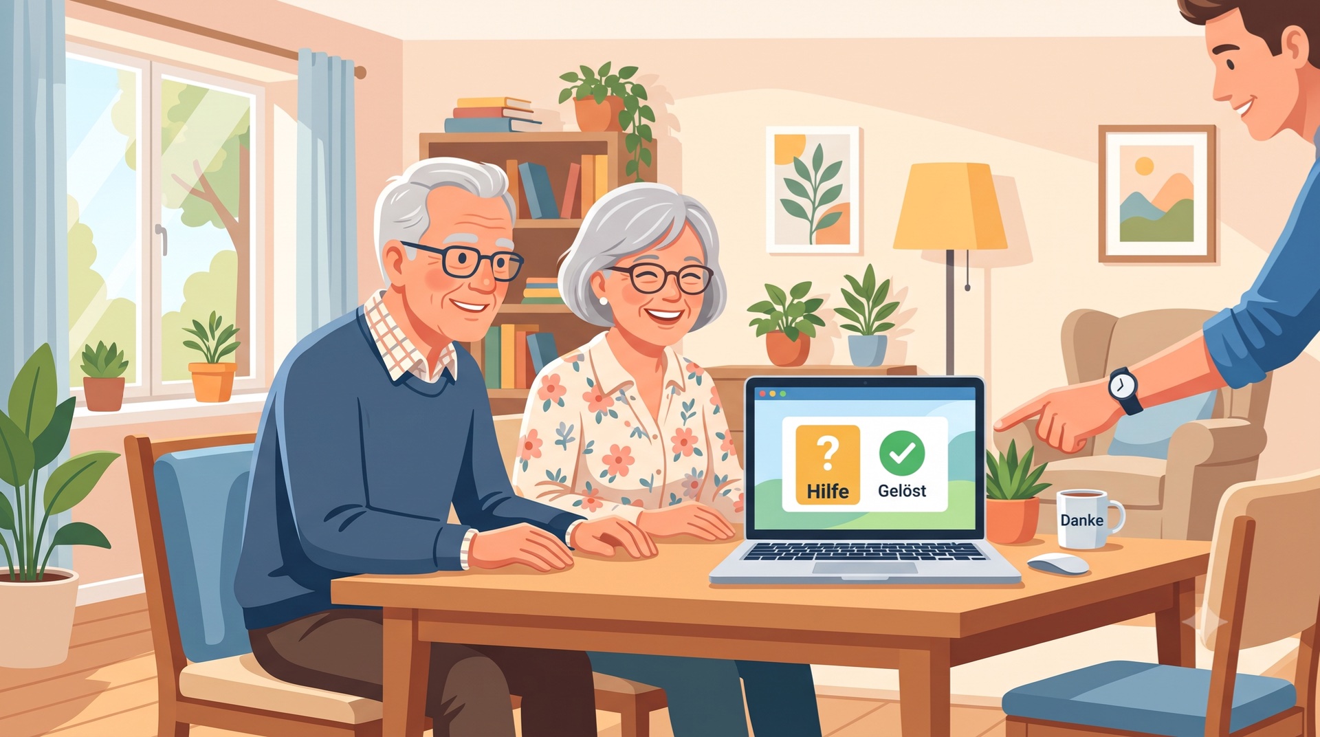 Illustration: Älteres Ehepaar sitzt erleichtert am Laptop im Wohnzimmer, der Technikhelfer zeigt auf den Bildschirm und erklärt die Lösung.