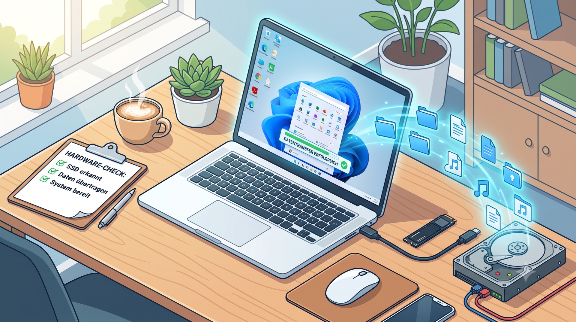 Illustration: Am Arbeitsplatz werden Daten sicher von einer alten Festplatte auf einen neuen Laptop mit SSD übertragen, daneben eine abgehakte Checkliste.