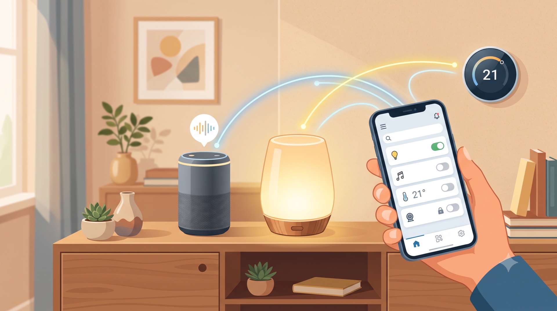Illustration: Eine Hand steuert per Smart-Home-App auf dem Smartphone Lautsprecher, Tischlampe und Wandthermostat im vernetzten Wohnzimmer.