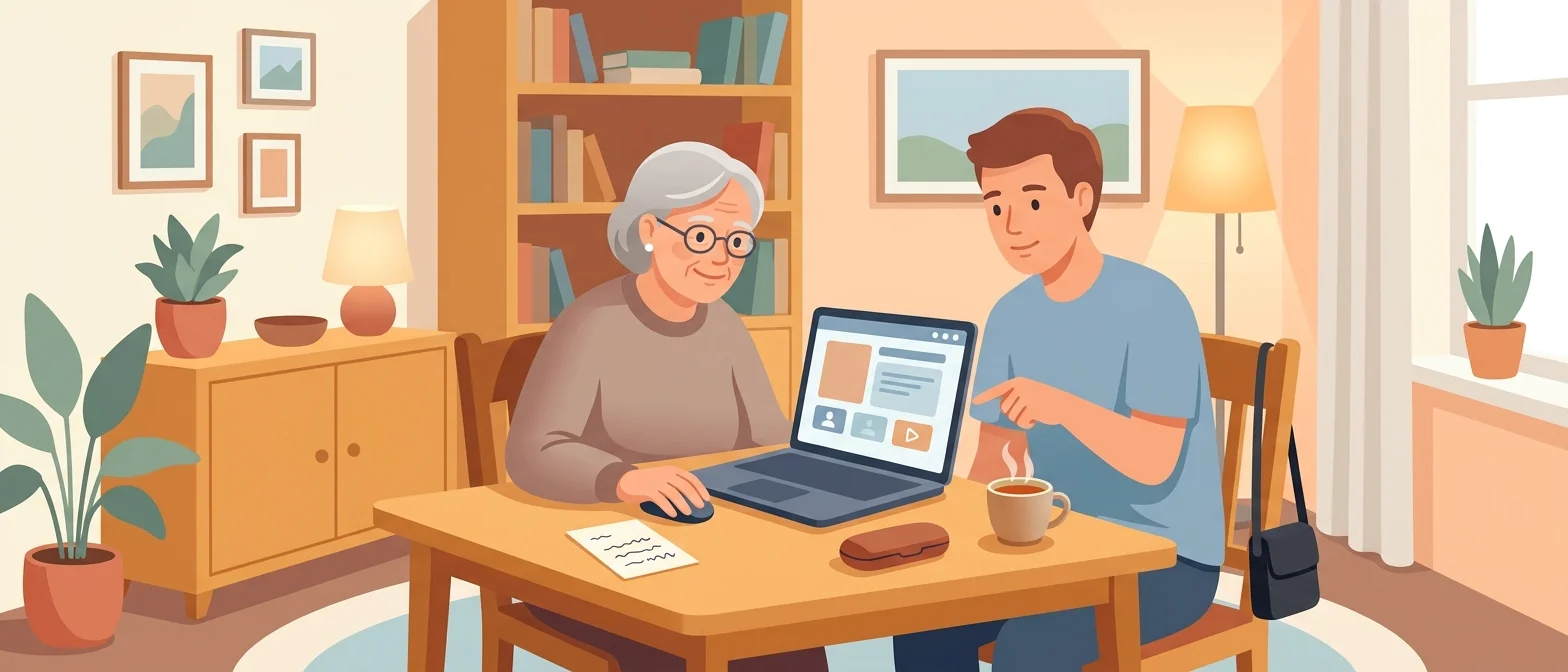 Illustration: Seniorin bedient am Wohnzimmertisch den Laptop, der Technikhelfer sitzt daneben und zeigt auf   den Bildschirm.