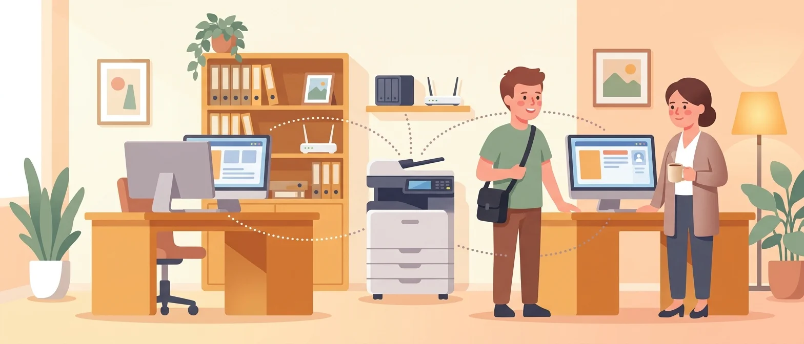 Illustration: Kleines Büro mit zwei Arbeitsplätzen und gemeinsamem Drucker, der Technikhelfer spricht mit der Inhaberin.