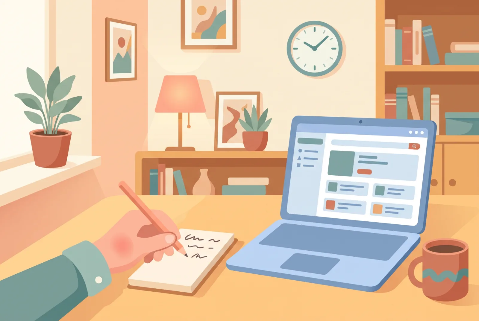 Illustration: Hand notiert die Arbeitszeit auf einem Block neben einem Laptop, an der Wand eine Uhr
