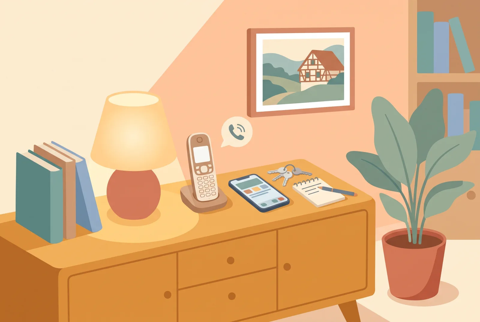 Illustration: Schnurlostelefon, Smartphone und Notizblock auf einer Kommode im warmen Lampenlicht
