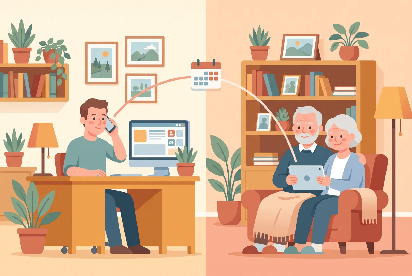 Illustration: Jüngere Frau telefoniert, rechts ein älteres Paar mit Tablet, eine Linie verbindet beide Seiten