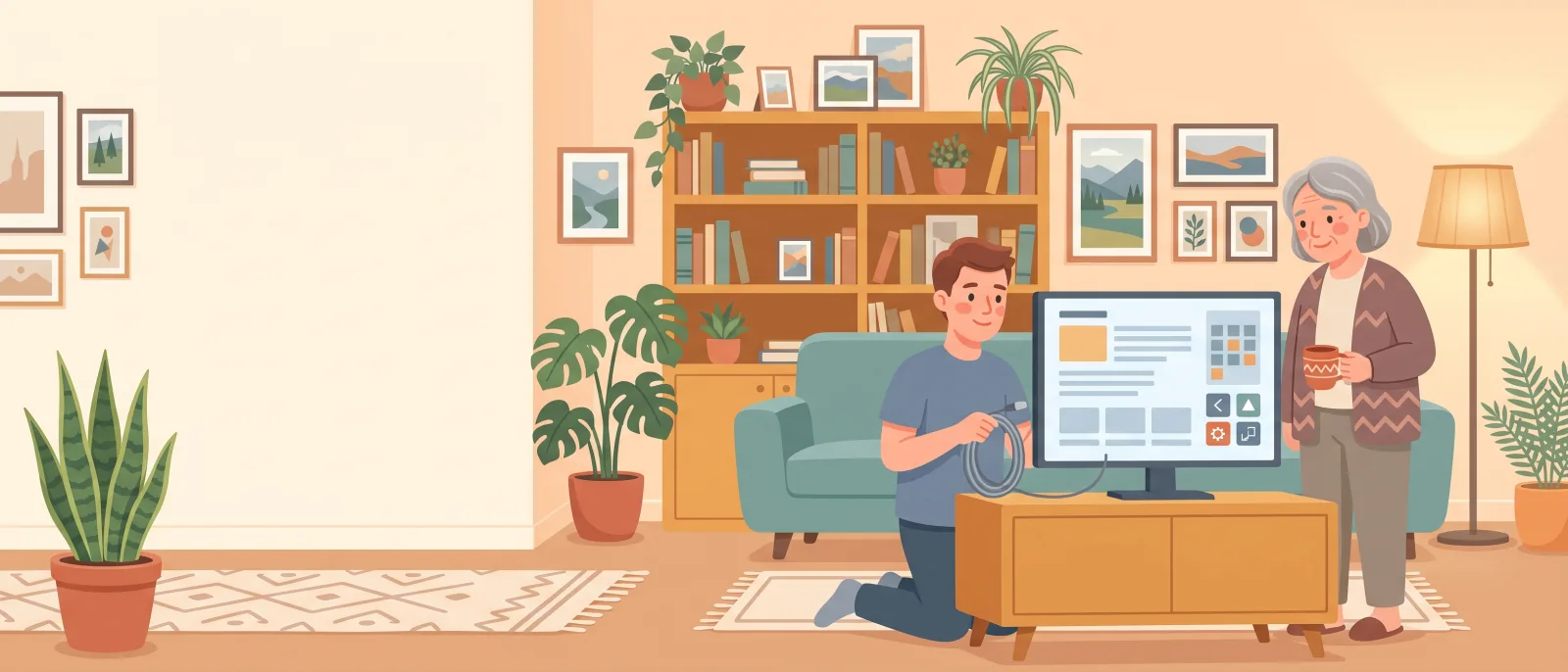 Illustration: Technikhelfer kniet am Fernsehschrank im Wohnzimmer, die Kundin schaut zu