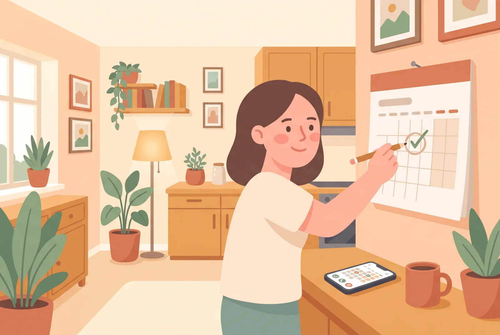 Illustration: Frau markiert einen Termin im Wandkalender der Küche, daneben liegt ein Smartphone Illustration: Frau markiert einen Termin im Wandkalender der Küche, daneben liegt ein Smartphone