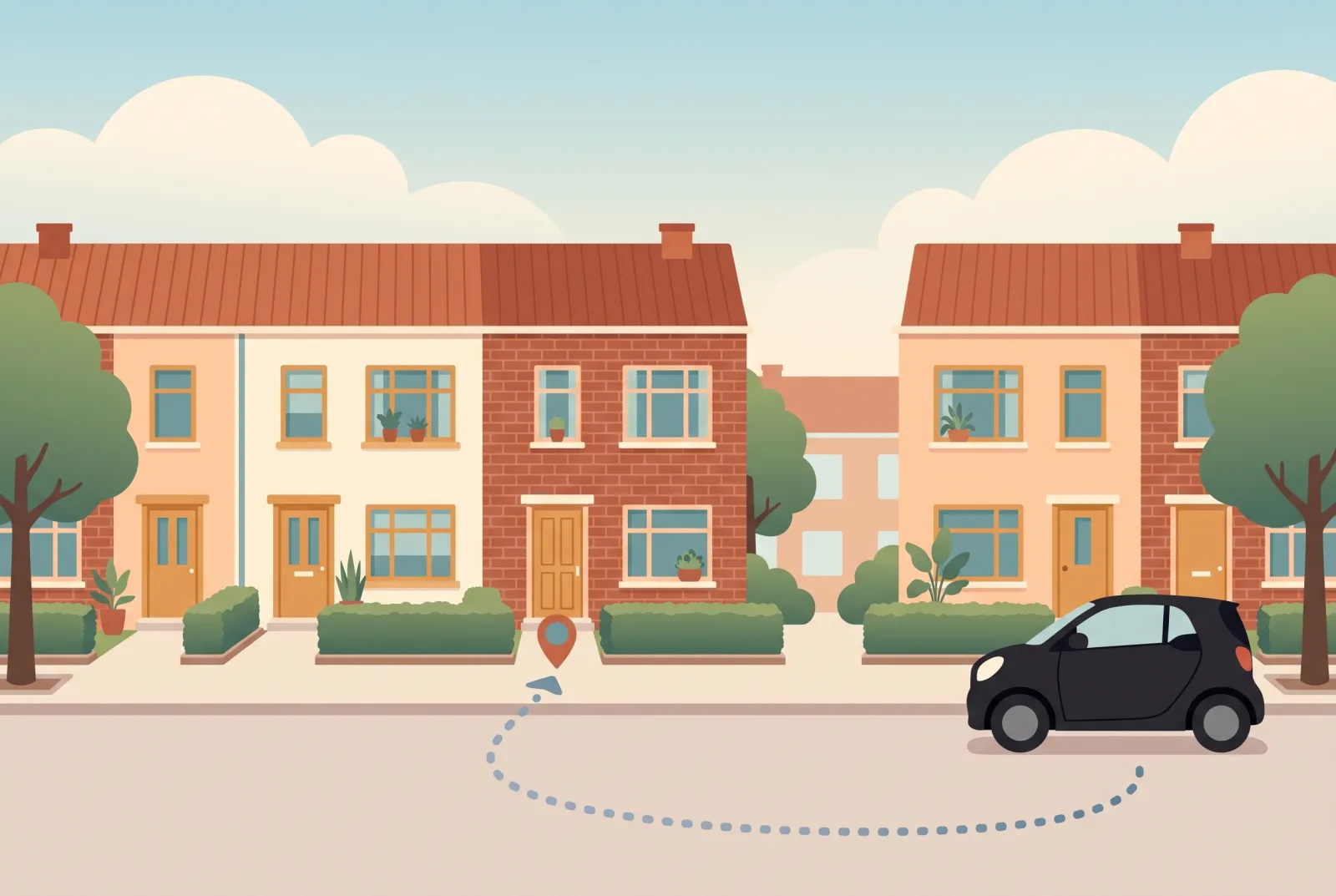 Illustration: Wohnstraße mit Backsteinhäusern, gestrichelte Anfahrtsroute vom Auto zum Haus mit Kartennadel