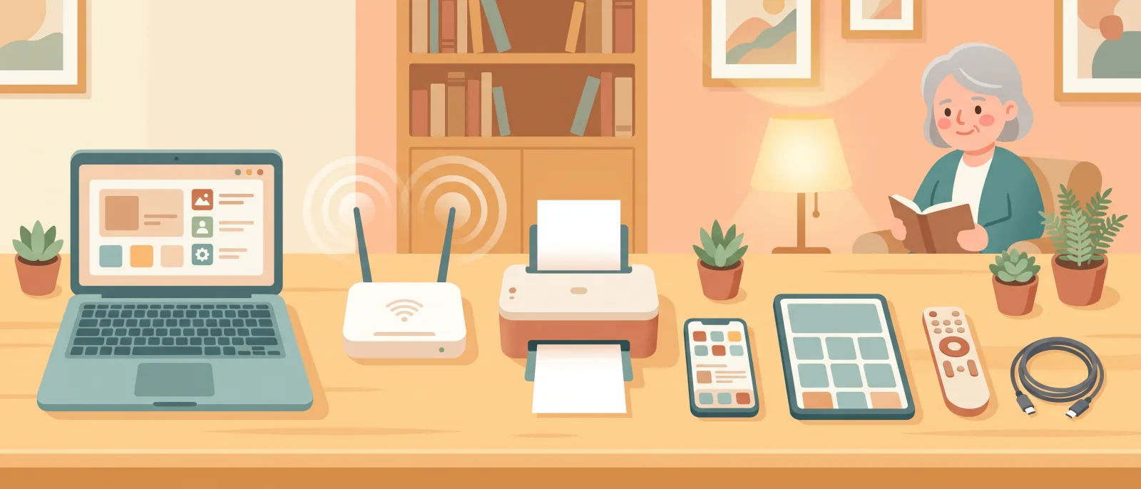 Illustration: Laptop, WLAN-Router, Drucker, Tablet und Fernbedienung nebeneinander auf einem Tisch