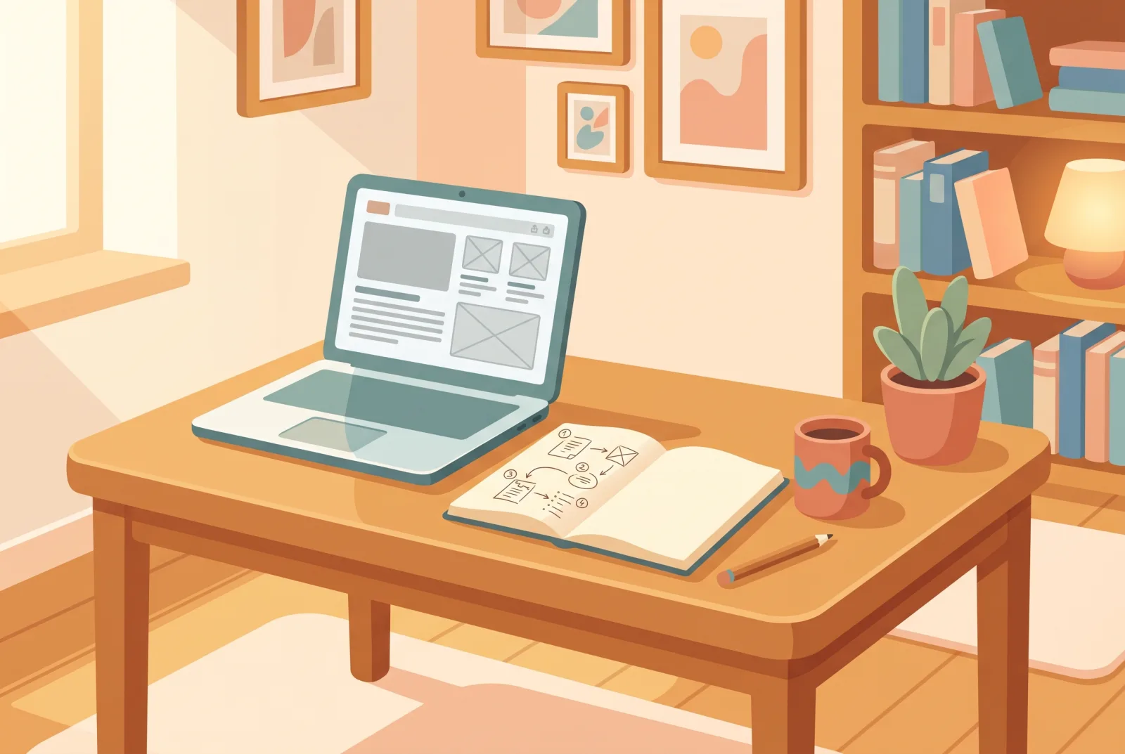 Illustration: Schreibtisch mit Laptop und aufgeschlagenem Notizbuch voller skizzierter Arbeitsschritte