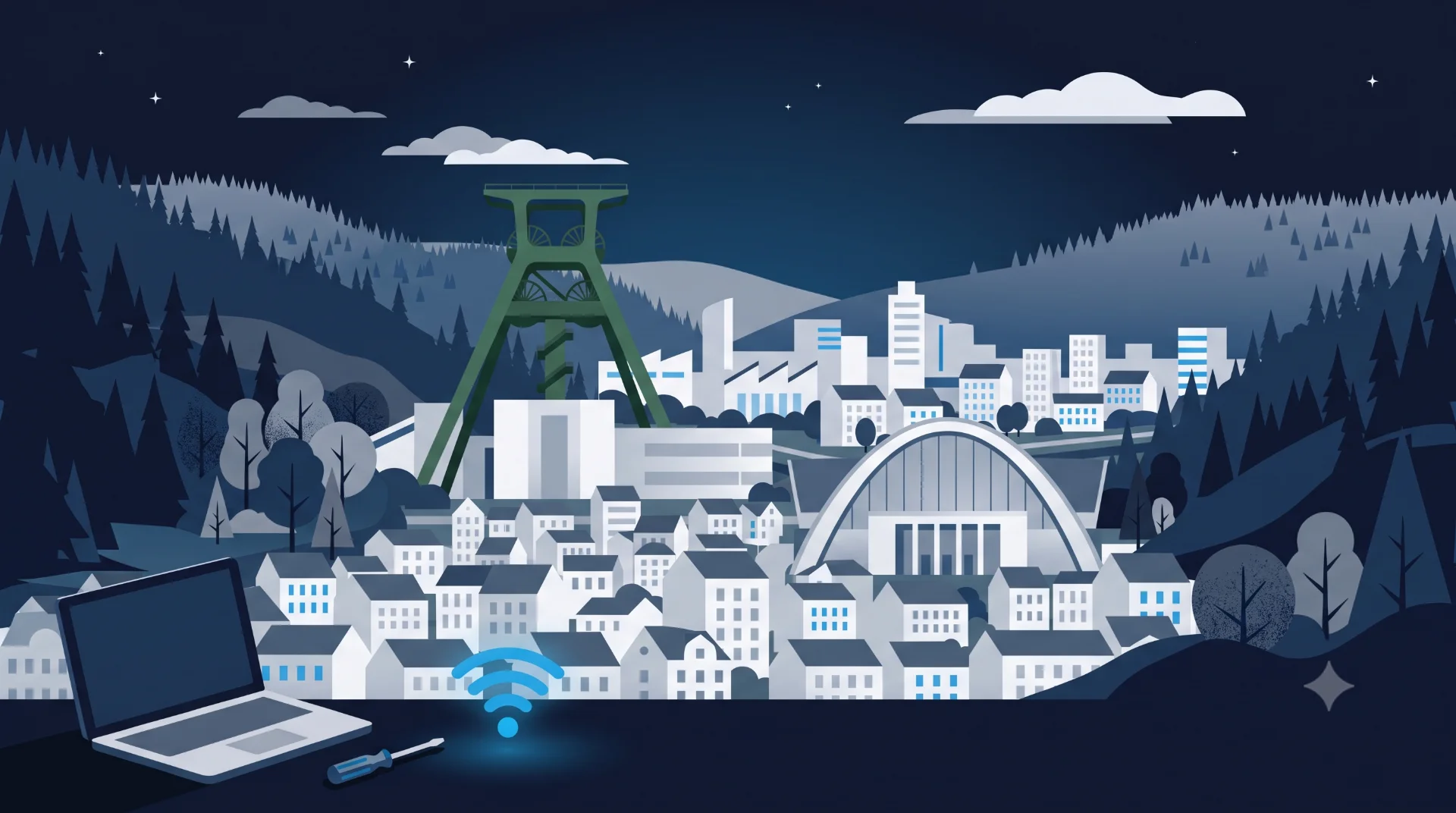 Flat-Design-Illustration der Stadtsilhouette von Bochum mit dem Förderturm des Bergbau-Museums, davor Laptop, Schraubendreher und leuchtendes WLAN-Zeichen