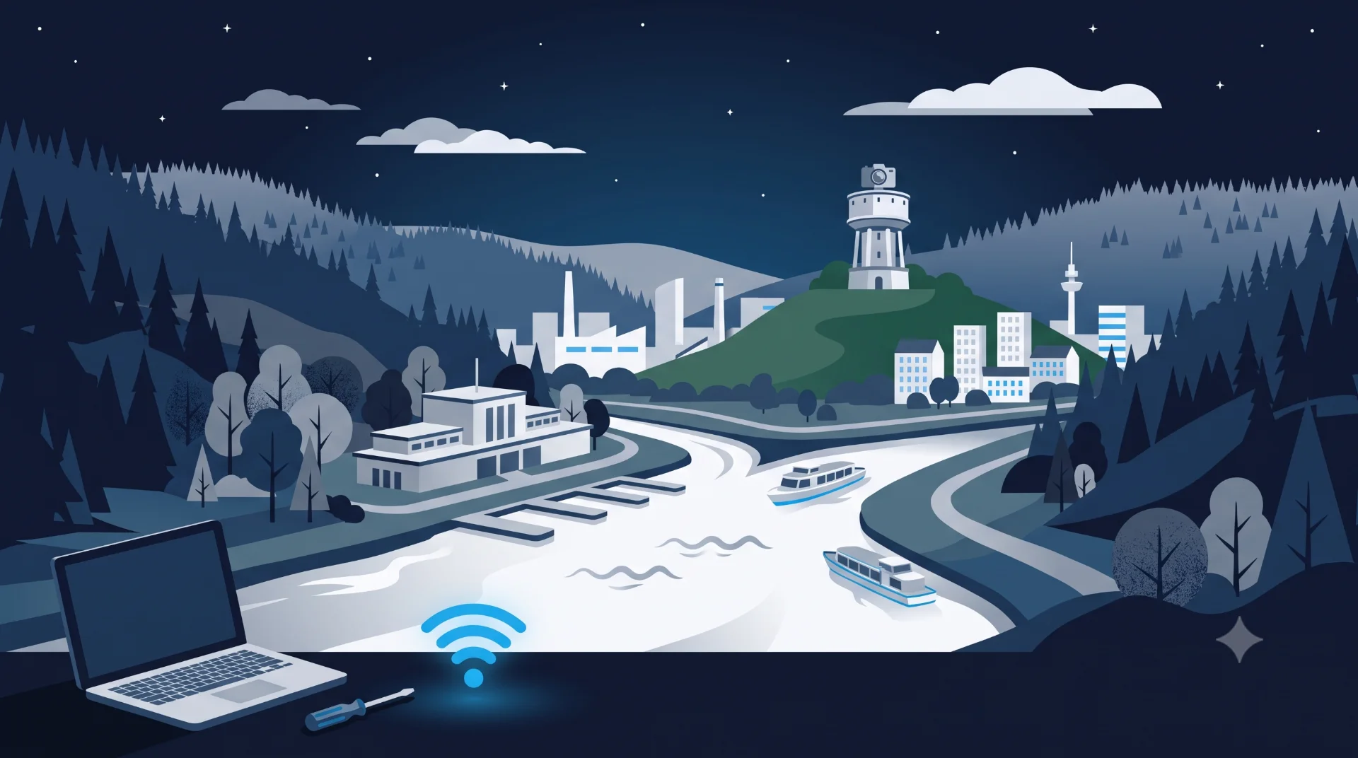 Flat-Design-Illustration von Mülheim an der Ruhr mit Wasserbahnhof, Fluss und Wasserturm-Silhouette, vorn Laptop mit Schraubendreher und WLAN-Symbol