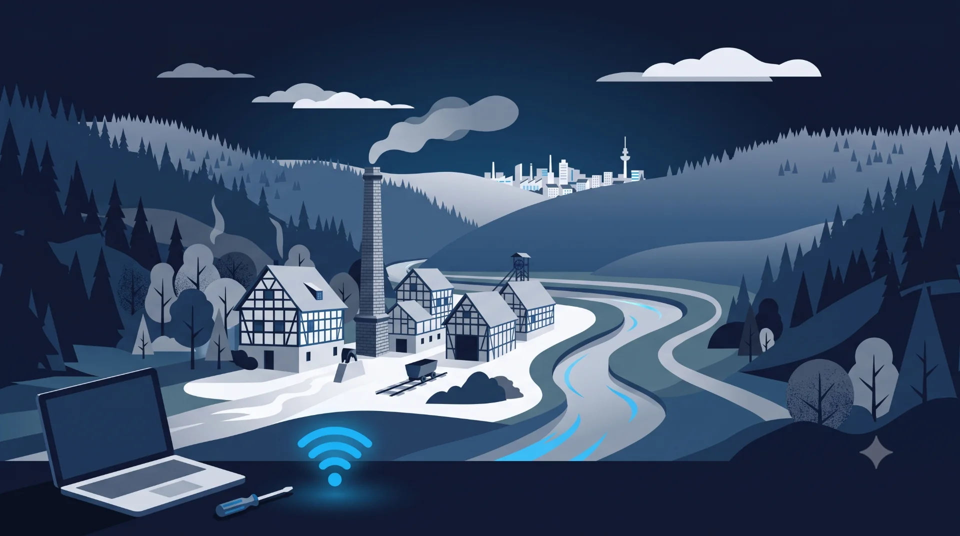 Flat-Design-Illustration des Muttentals bei Witten mit Zeche-Nachtigall-Schornstein, Ruhrschleife und Hügeln, vorn Laptop mit Schraubendreher und WLAN-Symbol