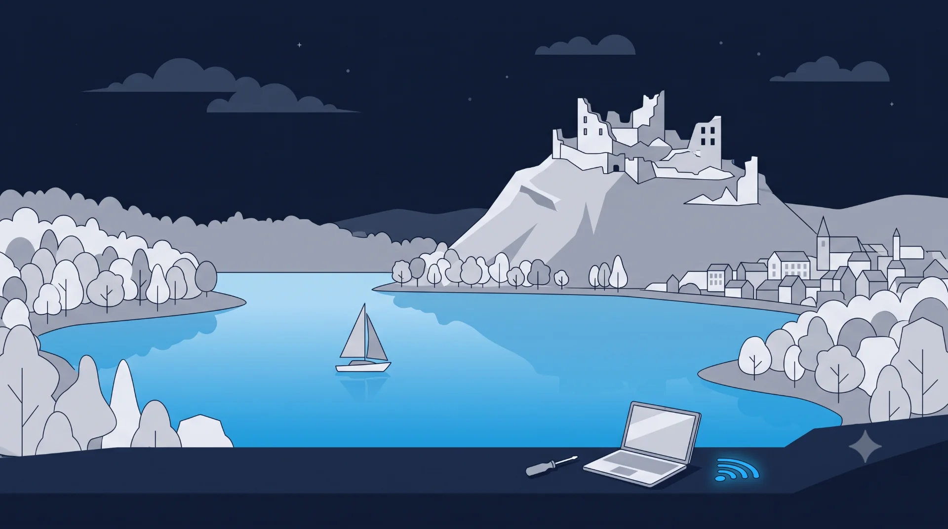 Flat-Design-Illustration von Wetter an der Ruhr mit Burgruine Volmarstein, Harkortsee und Segelboot, vorn Laptop, Schraubendreher und WLAN-Symbol