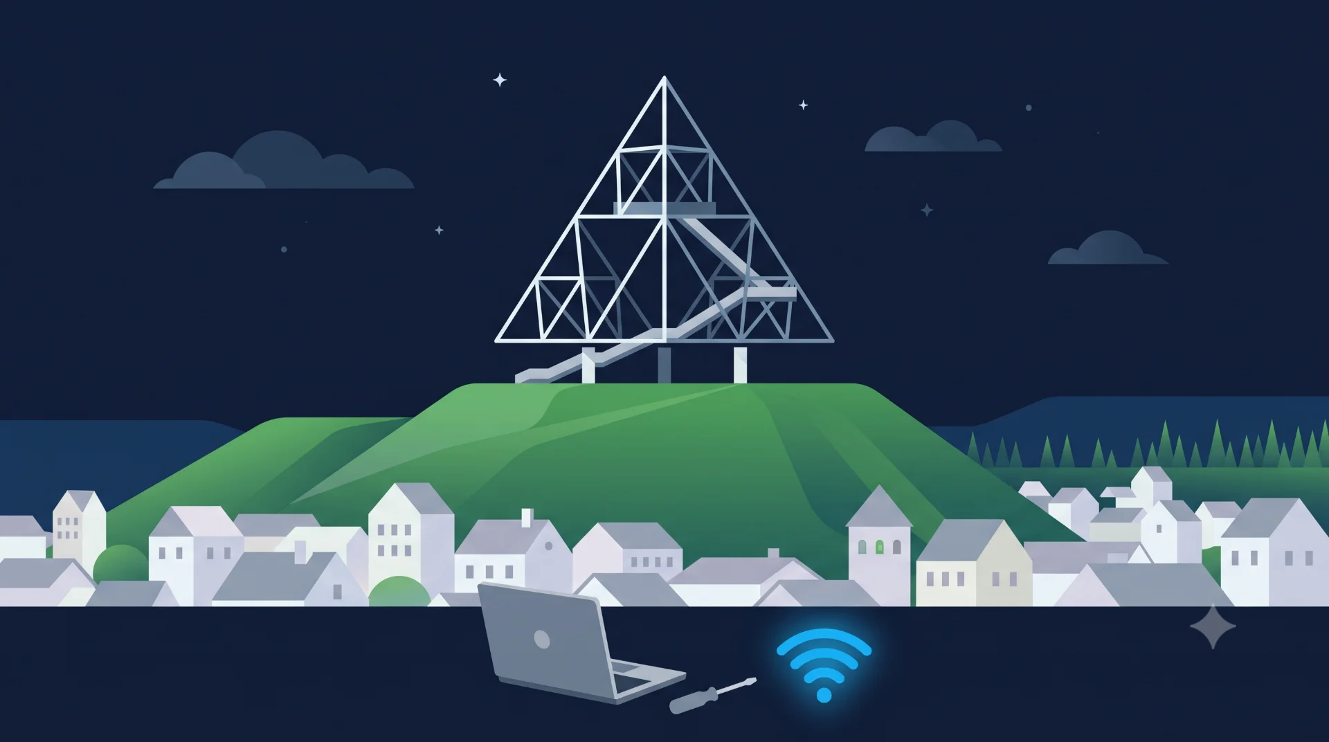 Flat-Design-Illustration der Halde Bottrop mit dem Tetraeder-Stahlgerüst auf Hügel, davor Laptop mit Schraubendreher und WLAN-Symbol