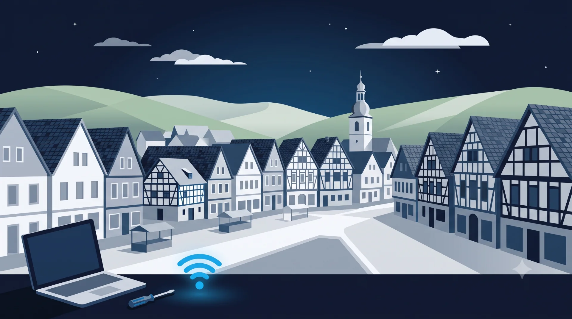 Flat-Design-Illustration des Schwelmer Marktplatzes mit Fachwerkgiebeln und grünen Hügeln, im Vordergrund Laptop, Schraubendreher und WLAN-Symbol