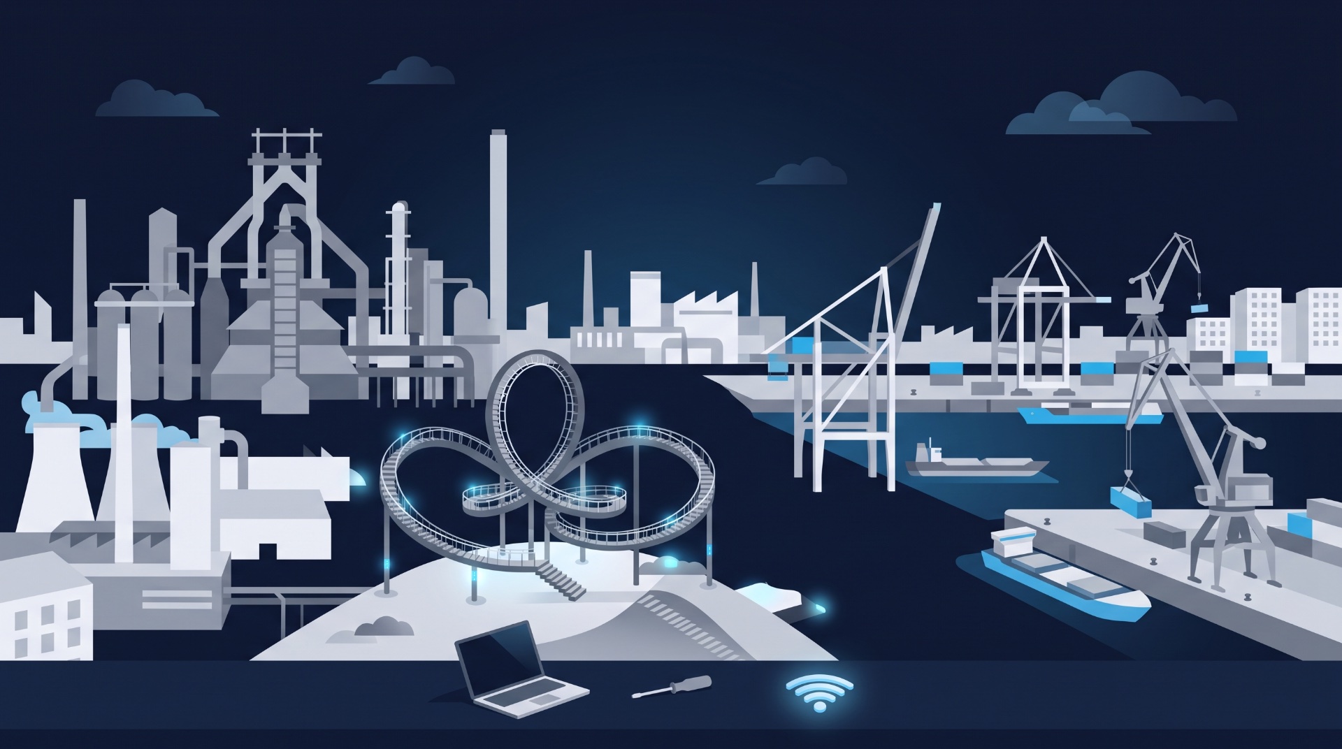 Flat-Design-Illustration der Silhouette von Duisburg mit Hafenkränen und Landschaftspark-Hochofen, im Vordergrund Laptop, Werkzeug und WLAN-Symbol in Blau