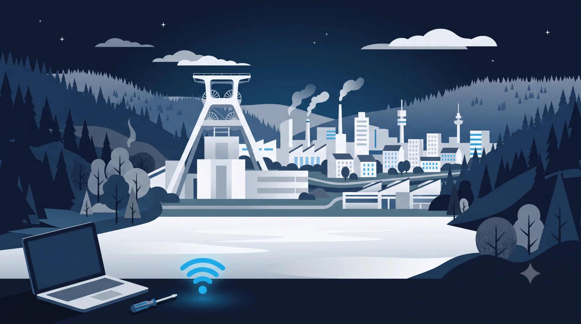 Flat-Design-Illustration der Skyline von Essen mit Zollverein-Fördergerüst in Nachtblau, im Vordergrund aufgeklappter Laptop, Schraubendreher und WLAN-Symbol