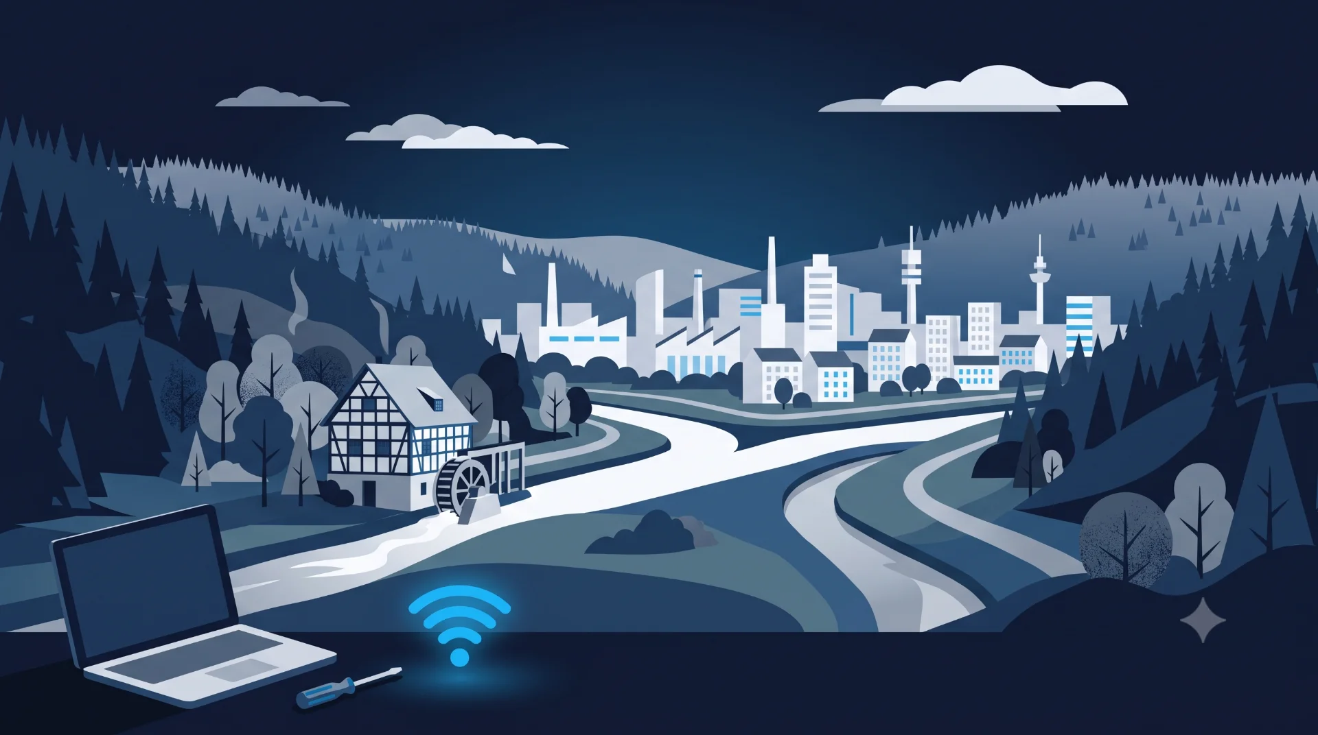 Flat-Design-Illustration der Stadtsilhouette von Hagen zwischen bewaldeten Hügeln und Flussläufen, vorn Laptop, Schraubendreher und WLAN-Symbol in Blau