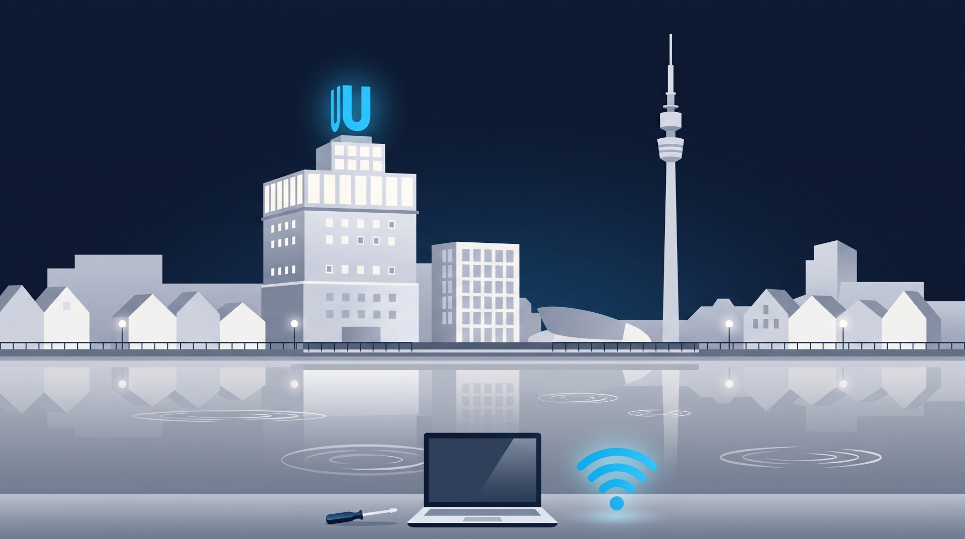 Flat-Design-Illustration der Dortmunder Skyline mit Dortmunder U und Florianturm in Blautönen, vorn ein geöffneter Laptop mit Schraubendreher und WLAN-Symbol