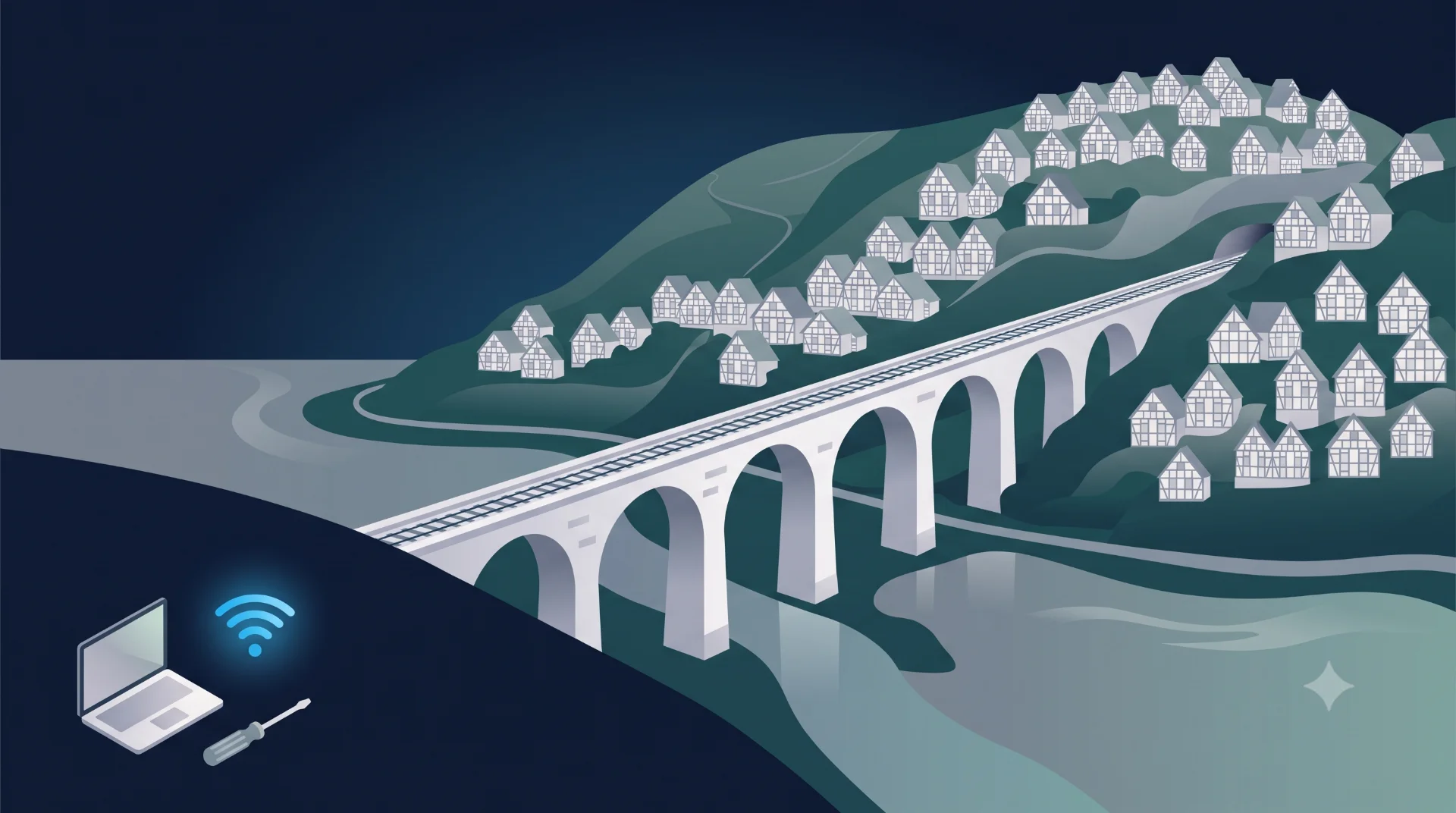 Flat-Design-Illustration des Herdecker Ruhrviadukts mit Bogenbrücke über dem See und Fachwerkhäusern, vorn Laptop, Schraubendreher und WLAN-Symbol