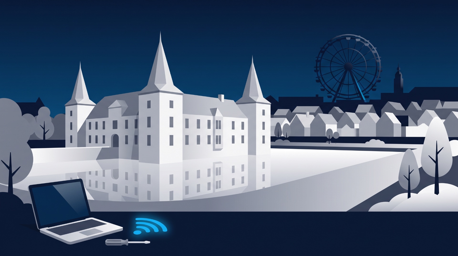 Flat-Design-Illustration von Herne mit Wasserschloss Strünkede und Riesenrad-Silhouette, vorn aufgeklappter Laptop mit Schraubendreher und WLAN-Symbol