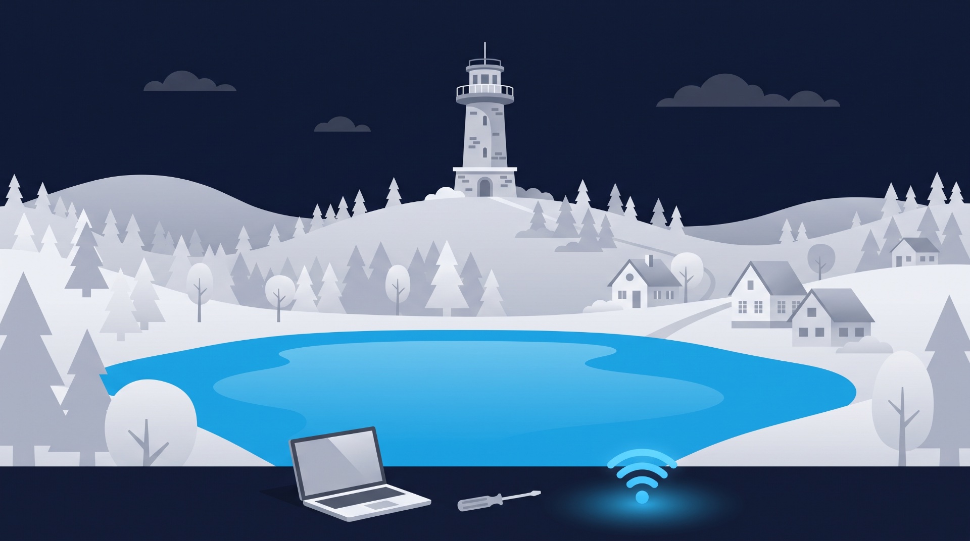 Flat-Design-Illustration der bewaldeten Iserlohner Hänge mit Danzturm und Seilersee in Blautönen, vorn ein geöffneter Laptop mit Schraubendreher und WLAN-Symbol
