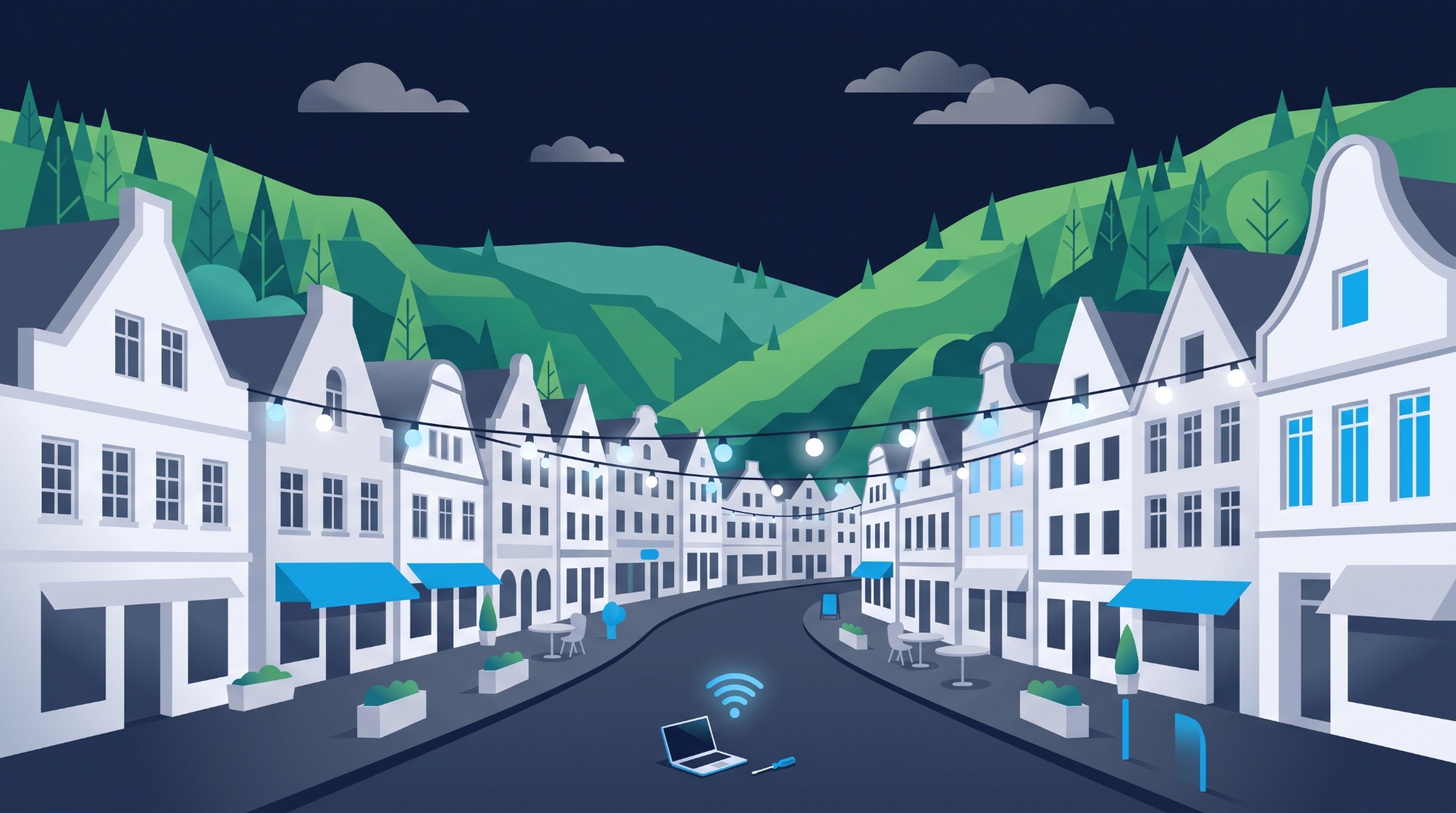 Flat-Design-Illustration der Einkaufsstraße von Gevelsberg mit Häuserzeile und grünen Hügeln, vorn Laptop mit Schraubendreher und WLAN-Symbol